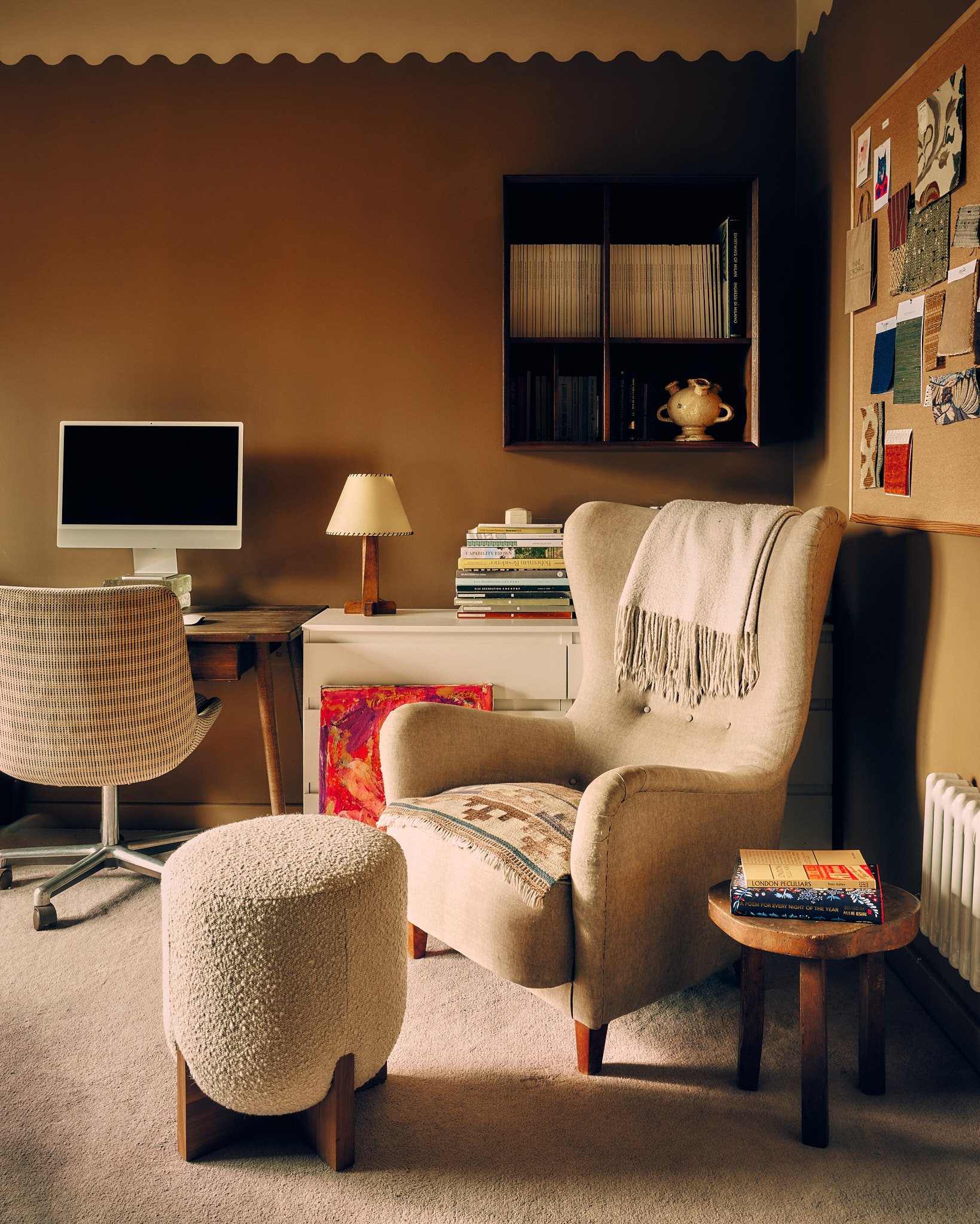 Tactile study with material samples and reading chair